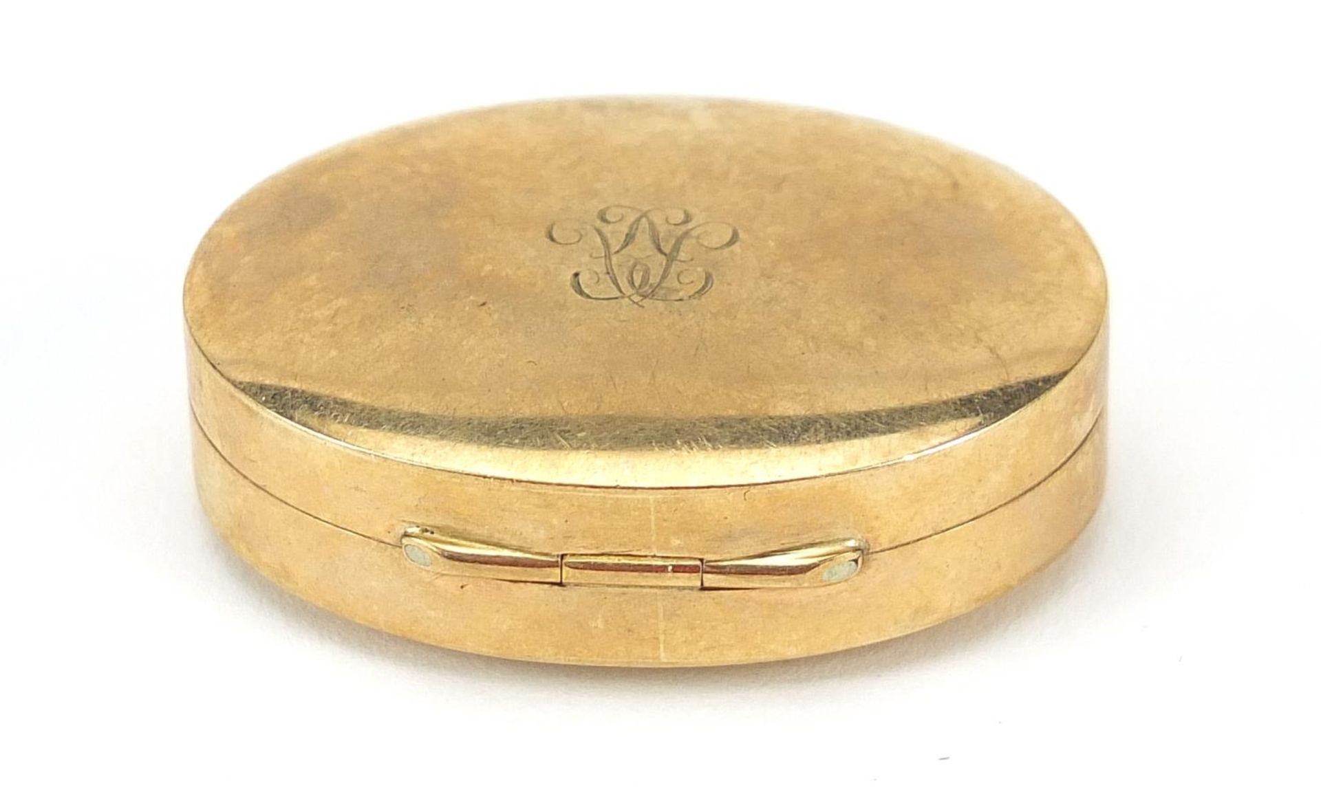 George VI 9ct gold pill box with hinged lid, Birmingham 1945, 3.8cm wide, 13.5g - this lot is sold - Image 3 of 3