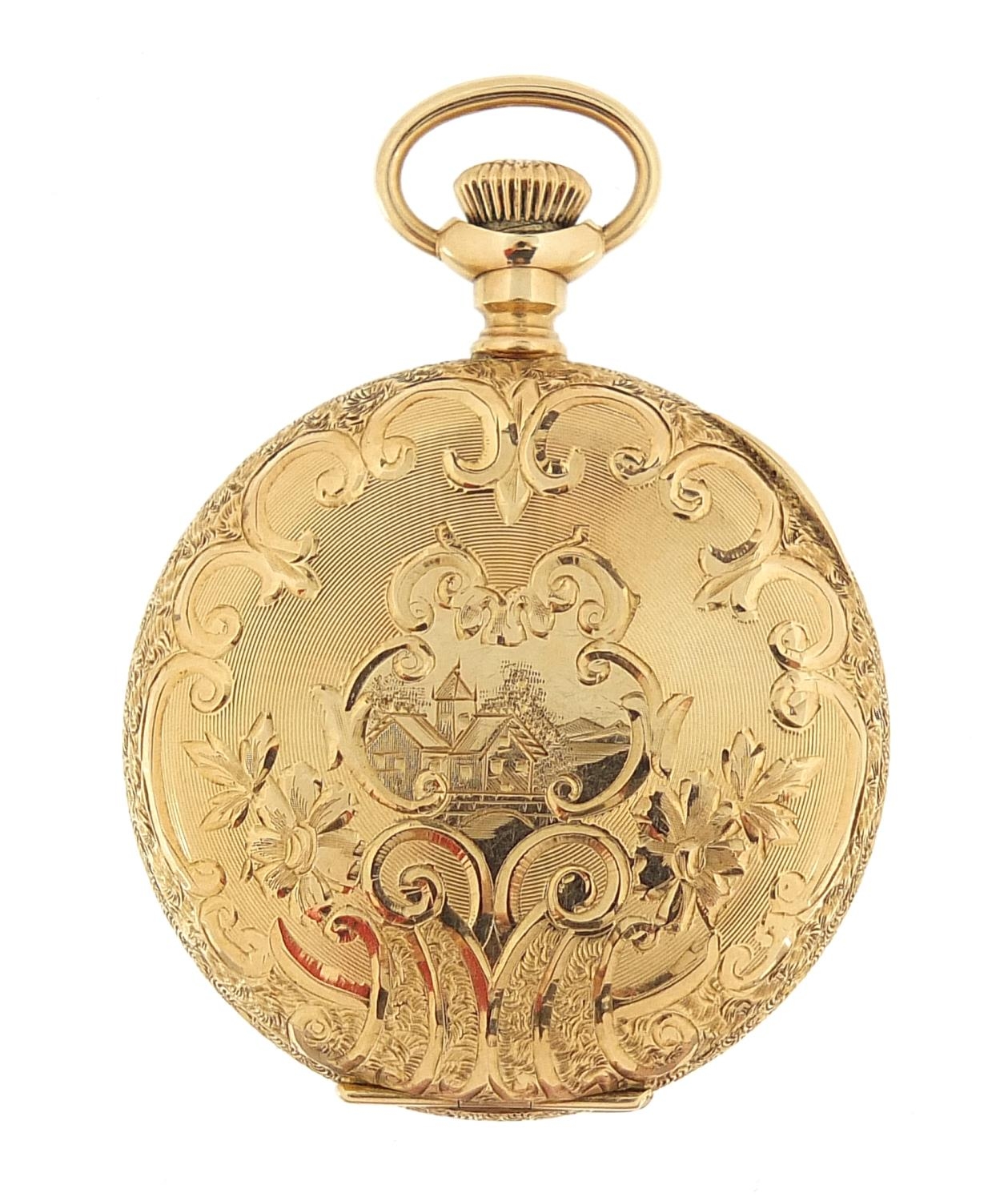 Elgin, ladies 14ct gold full hunter pocket watch with enamel dial and embossed decoration, 34mm in - Image 7 of 7