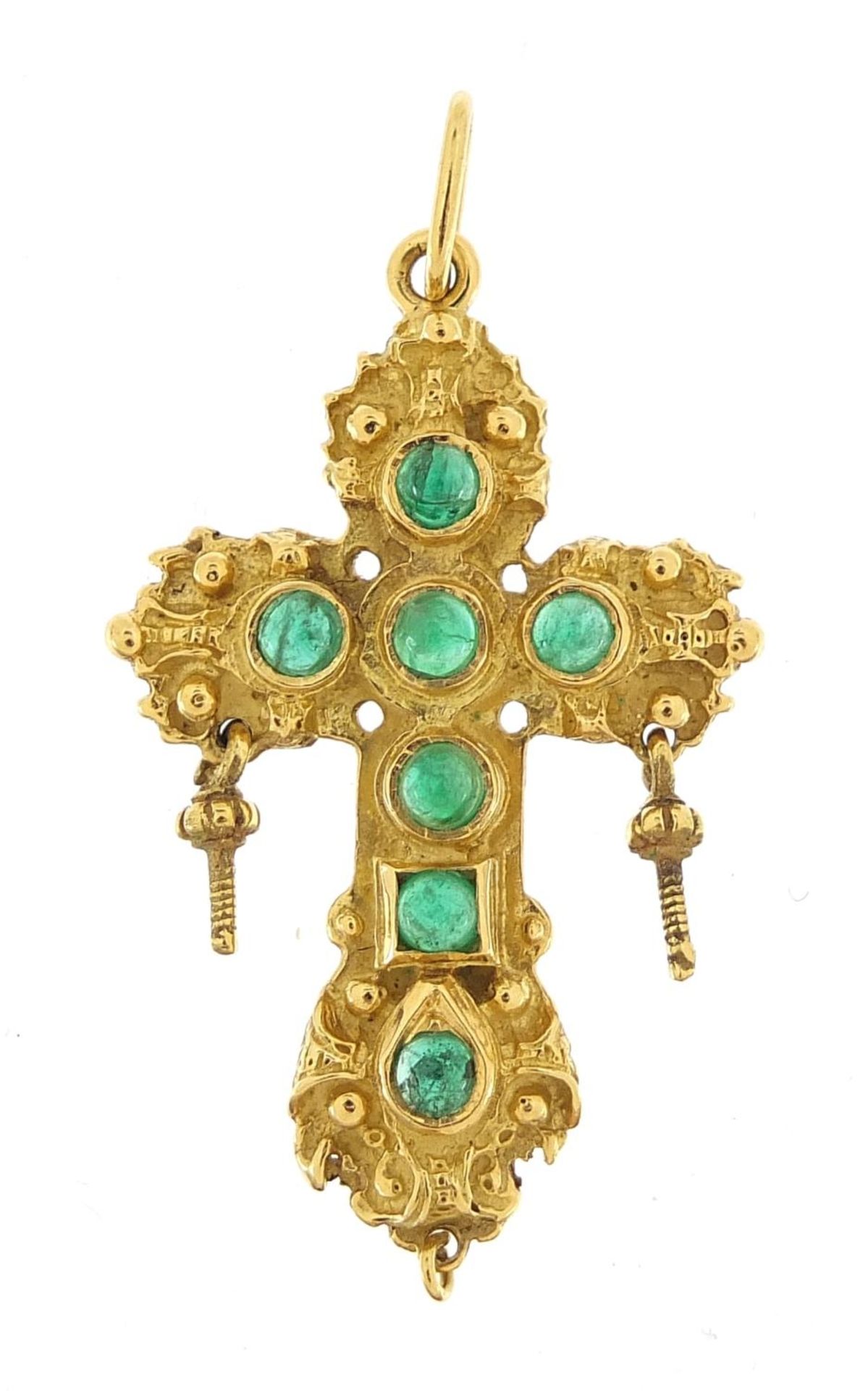 18ct gold cross pendant set with green stones, 3.6cm high, 6.4g - this lot is sold without buyer?s