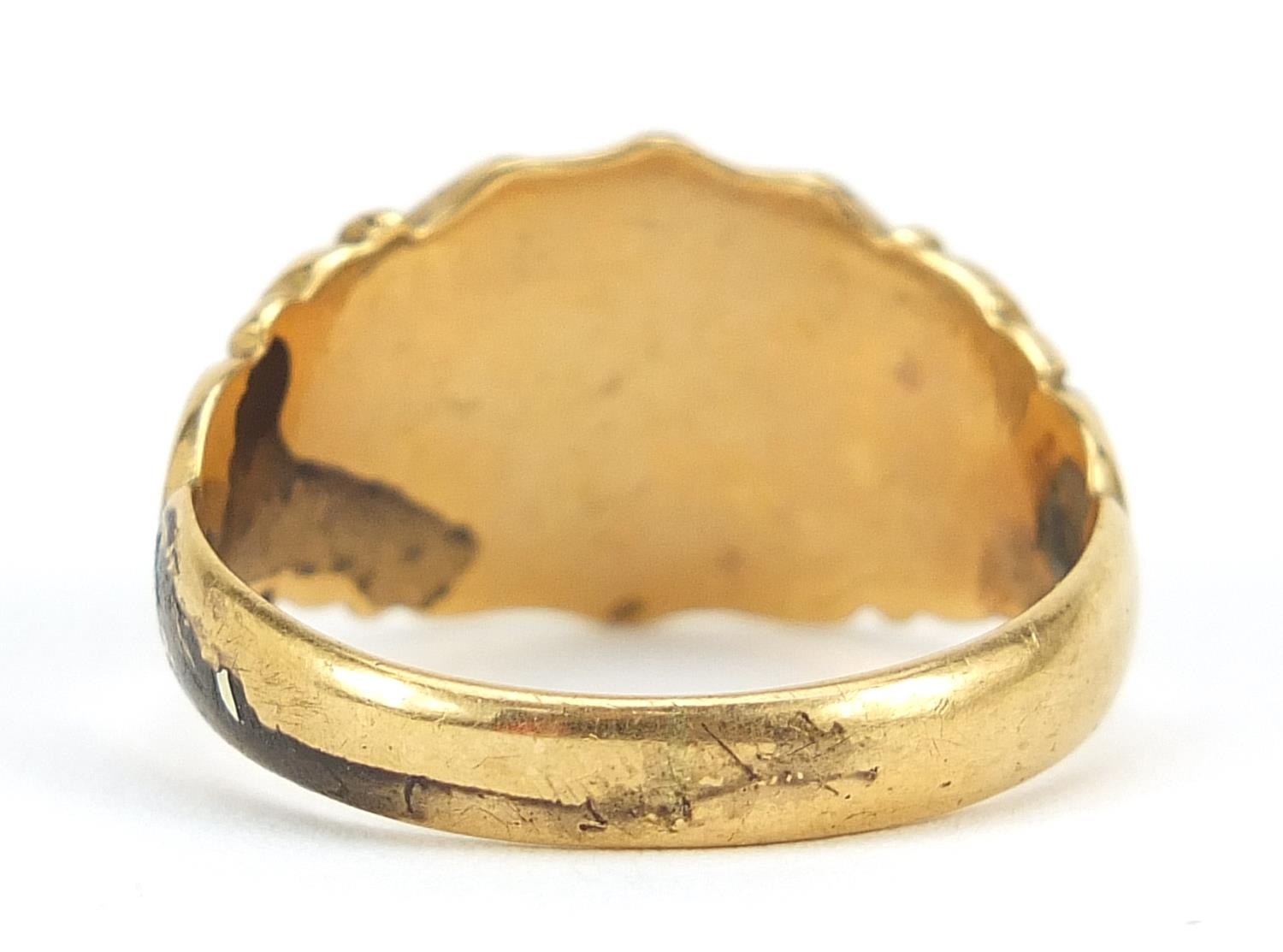 George V 18ct gold shield shaped signet ring with scrolled shoulders, Birmingham 1916, size V, 9. - Image 3 of 6