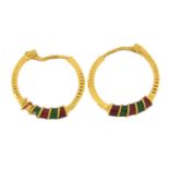 Pair of 22ct gold and enamel hoop earrings, 1.7cm in diameter, 2.9g - this lot is sold without