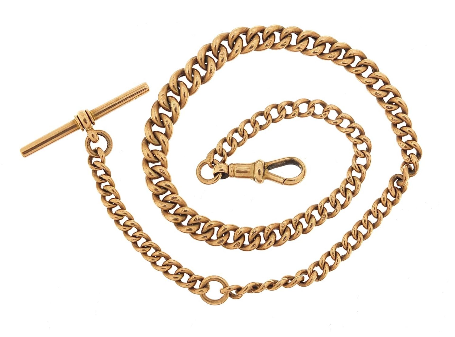 9ct rose gold graduated watch chain with T bar, 33.5cm in length, 11.5g - this lot is sold without - Image 2 of 3