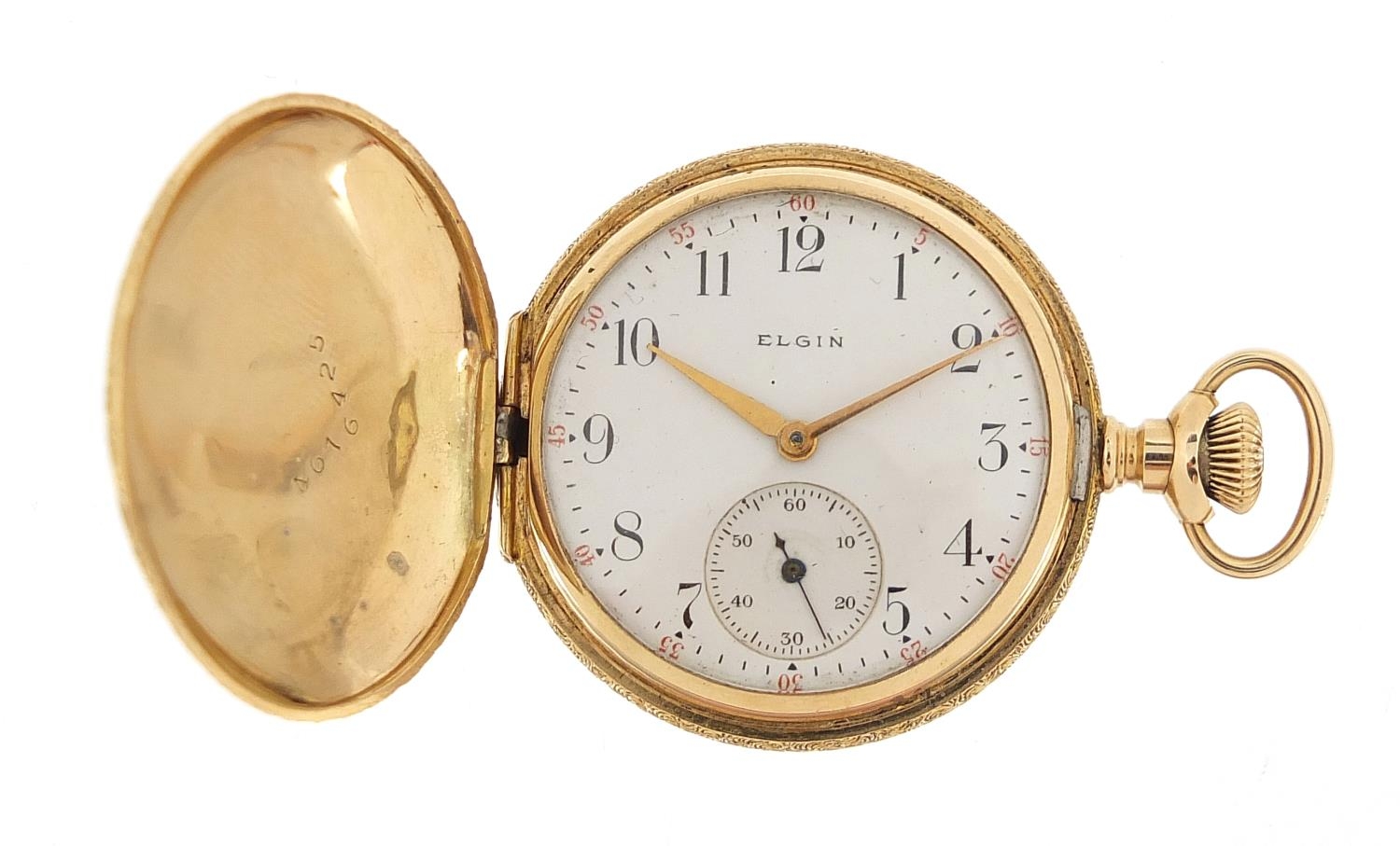 Elgin, ladies 14ct gold full hunter pocket watch with enamel dial and embossed decoration, 34mm in