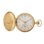 Elgin, ladies 14ct gold full hunter pocket watch with enamel dial and embossed decoration, 34mm in