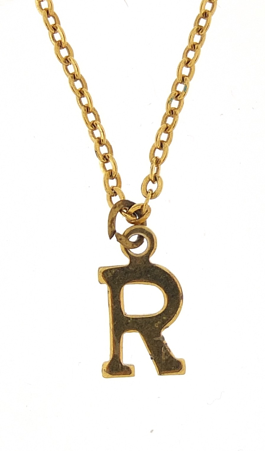 Gold coloured metal initial R pendant on a gold coloured metal necklace, 38cm in length, 1.7g - this