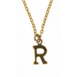 Gold coloured metal initial R pendant on a gold coloured metal necklace, 38cm in length, 1.7g - this