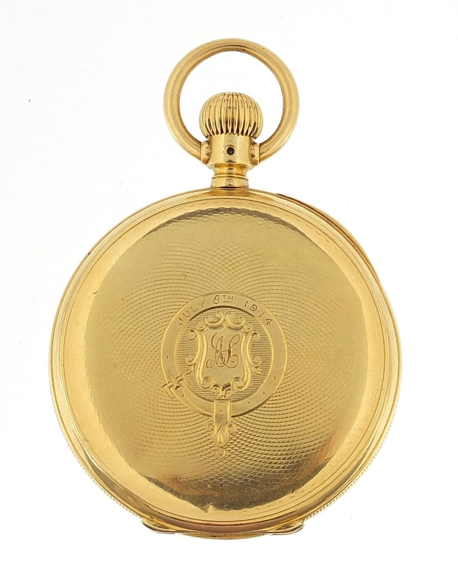 Waltham Mass, gentlemen's 18ct gold open face pocket watch with enamelled dial, the movement - Image 8 of 8