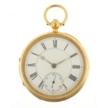 Gentlemen's 18ct gold open face pocket watch with fusee movement and enamel dial, the fusee movement