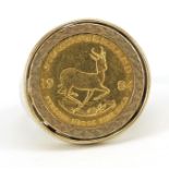 South African 1984 one tenth gold krugerrand with 9ct gold ring mount, size Q/R, 7.3g - this lot