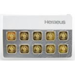 Set of ten Heraeus 1g 999.9 fine gold ingots - this lot is sold without buyer?s premium, the