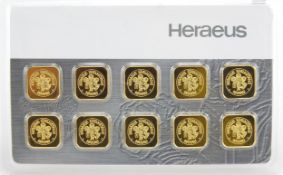 Set of ten Heraeus 1g 999.9 fine gold ingots - this lot is sold without buyer?s premium, the