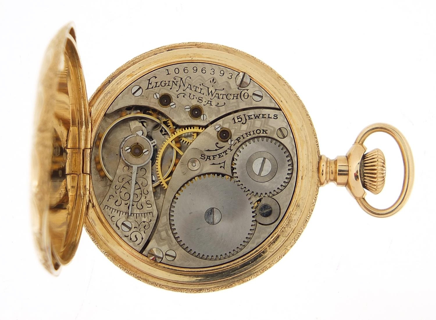 Elgin, ladies 14ct gold full hunter pocket watch with enamel dial and embossed decoration, 34mm in - Image 4 of 7