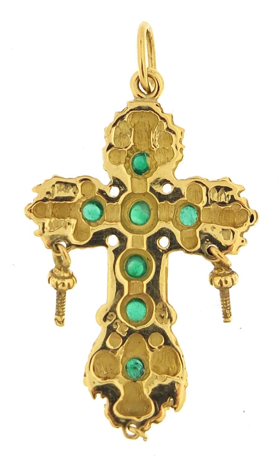 18ct gold cross pendant set with green stones, 3.6cm high, 6.4g - this lot is sold without buyer?s - Image 2 of 3