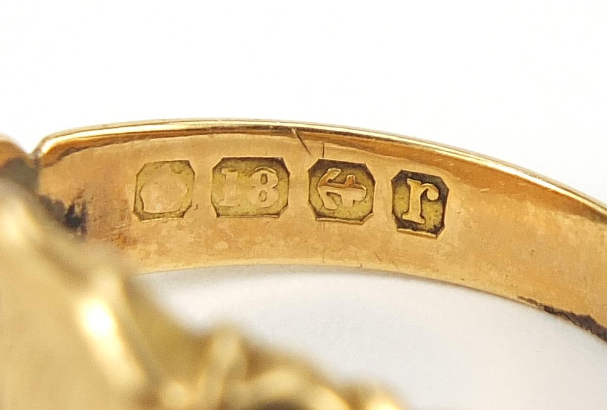 George V 18ct gold shield shaped signet ring with scrolled shoulders, Birmingham 1916, size V, 9. - Image 5 of 6