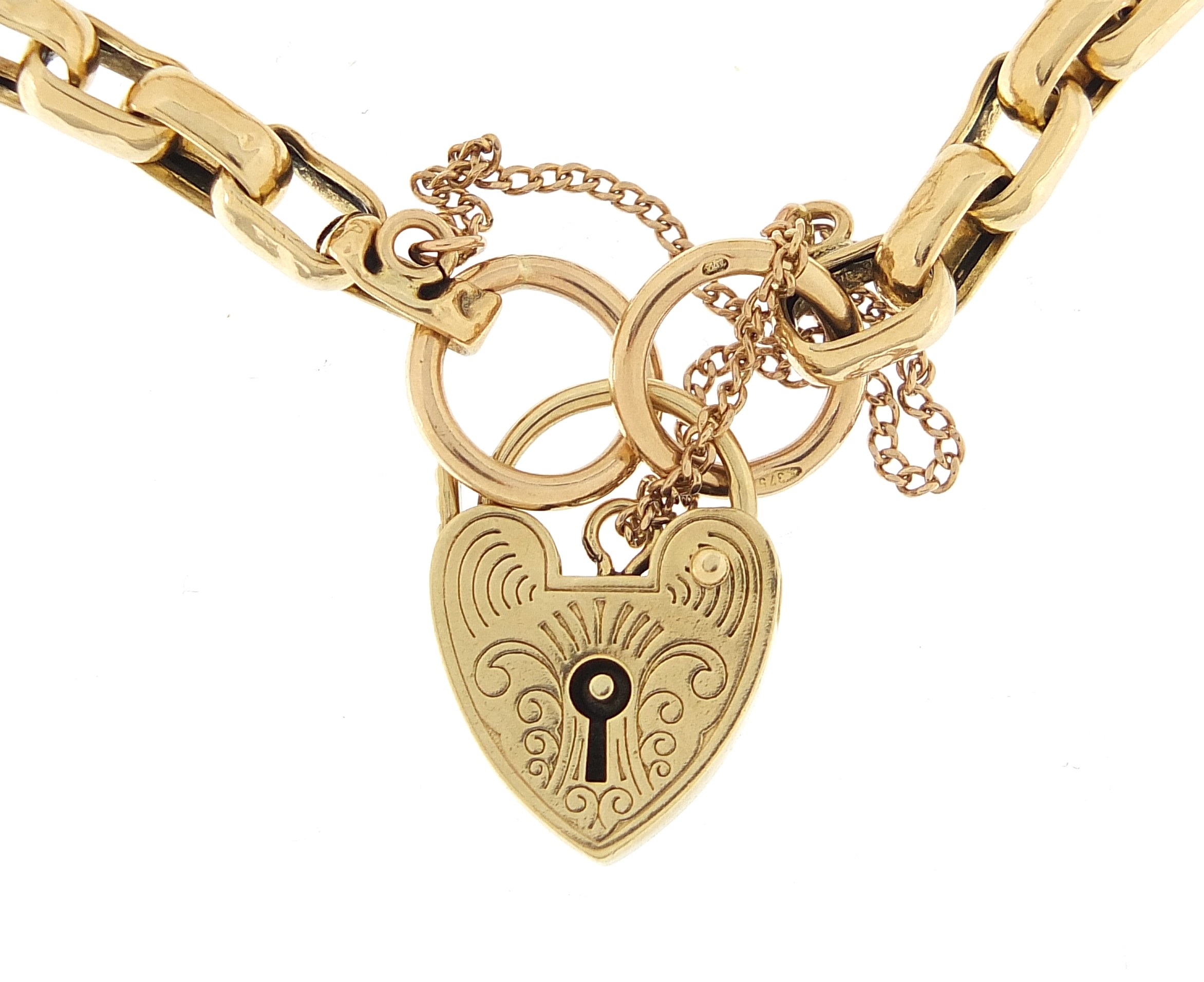 9ct gold long Belcher link bracelet with love heart padlock, 18cm in length, 7.5g - this lot is sold - Image 2 of 4