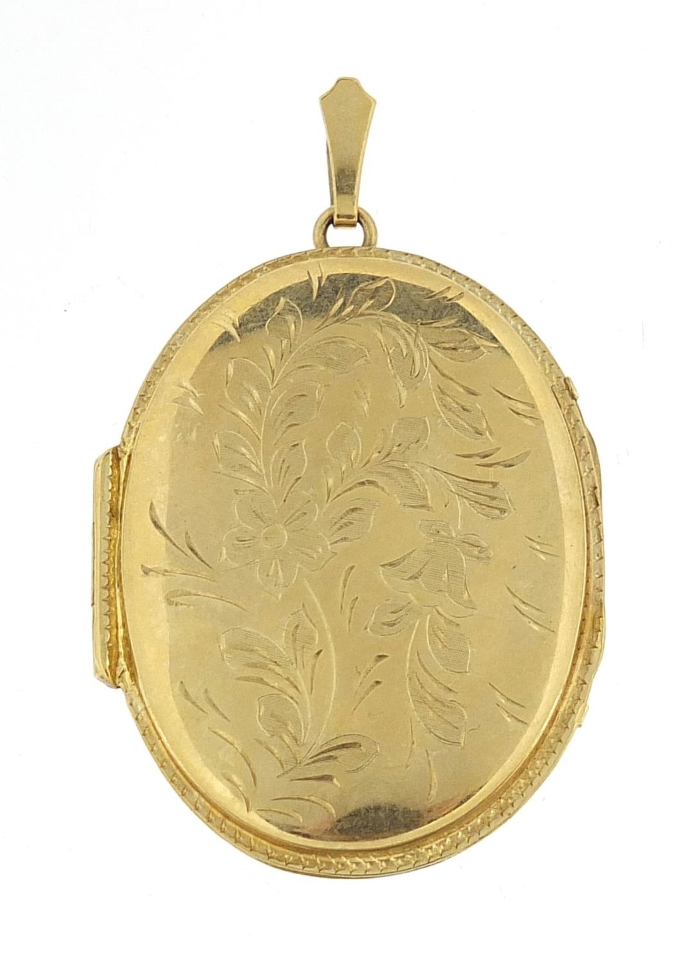 Large 9ct gold oval locket engraved with flowers, 4.2cm high, 12.2g - this lot is sold without