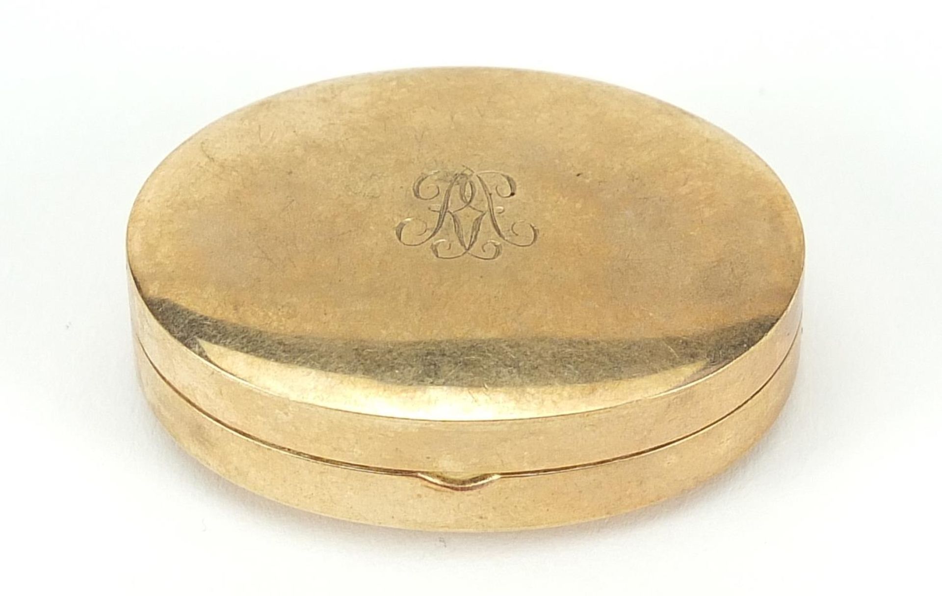 George VI 9ct gold pill box with hinged lid, Birmingham 1945, 3.8cm wide, 13.5g - this lot is sold