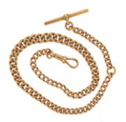 9ct rose gold graduated watch chain with T bar, 33.5cm in length, 11.5g - this lot is sold without