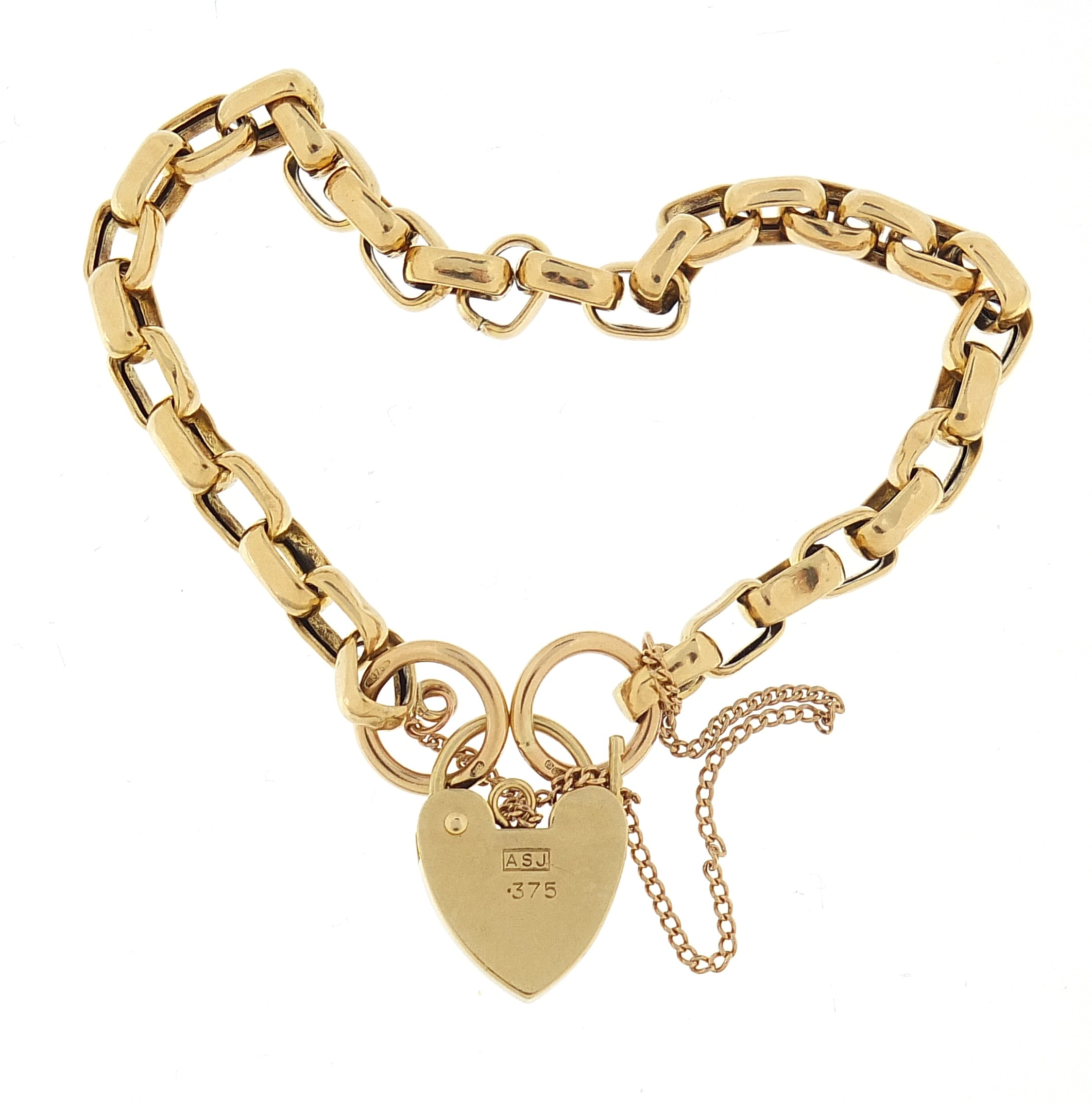 9ct gold long Belcher link bracelet with love heart padlock, 18cm in length, 7.5g - this lot is sold - Image 3 of 4