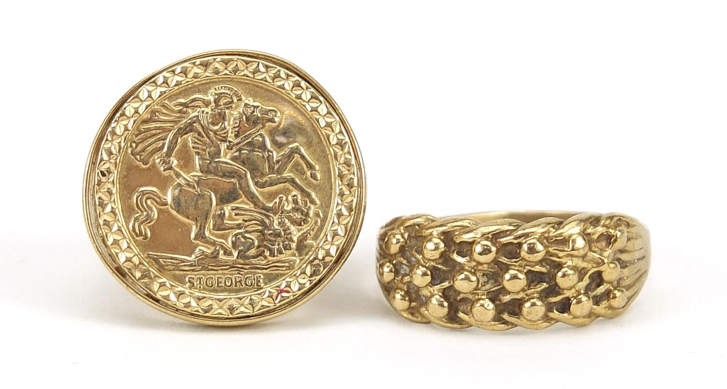 9ct gold three row keeper ring, size R and a 9ct gold St George and the dragon ring, sizes R and