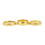 Three 22ct gold wedding bands, sizes I, J/K and M, 13.0g - this lot is sold without buyer?s premium,