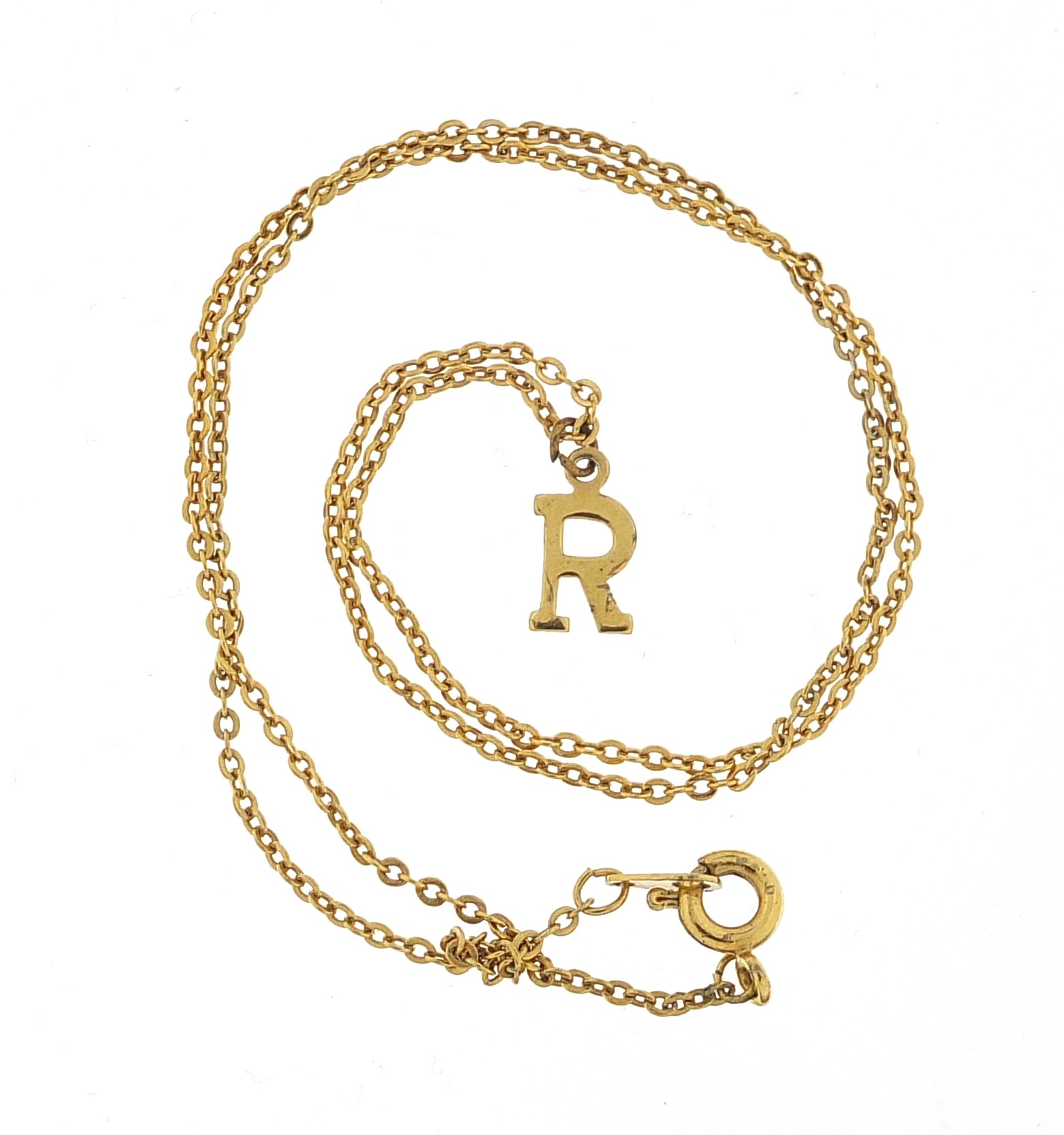 Gold coloured metal initial R pendant on a gold coloured metal necklace, 38cm in length, 1.7g - this - Image 2 of 3