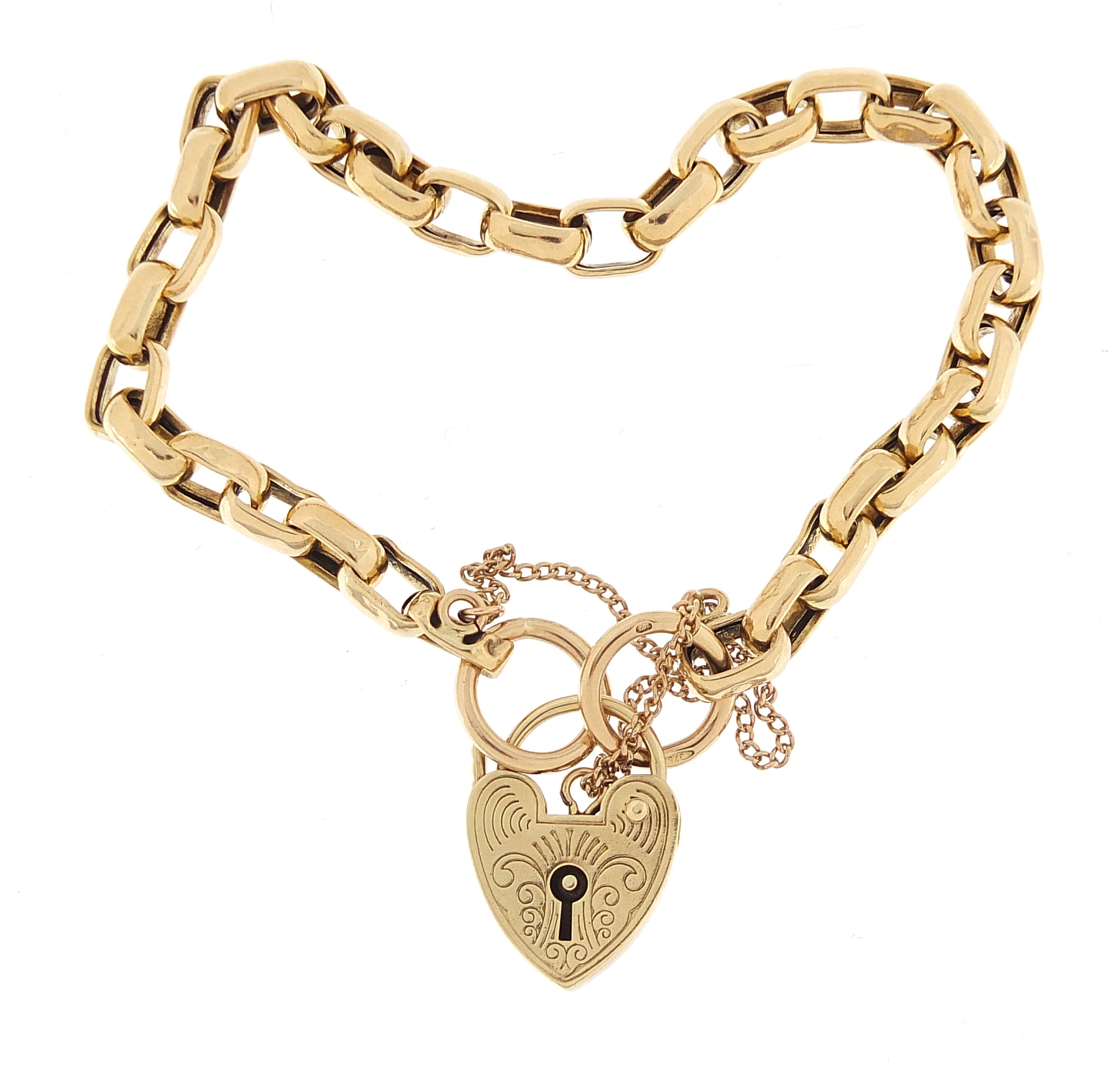 9ct gold long Belcher link bracelet with love heart padlock, 18cm in length, 7.5g - this lot is sold