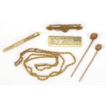 Gold jewellery comprising two 15ct gold stick pins, 1.7g and 9ct gold necklace, tie slide, brooch