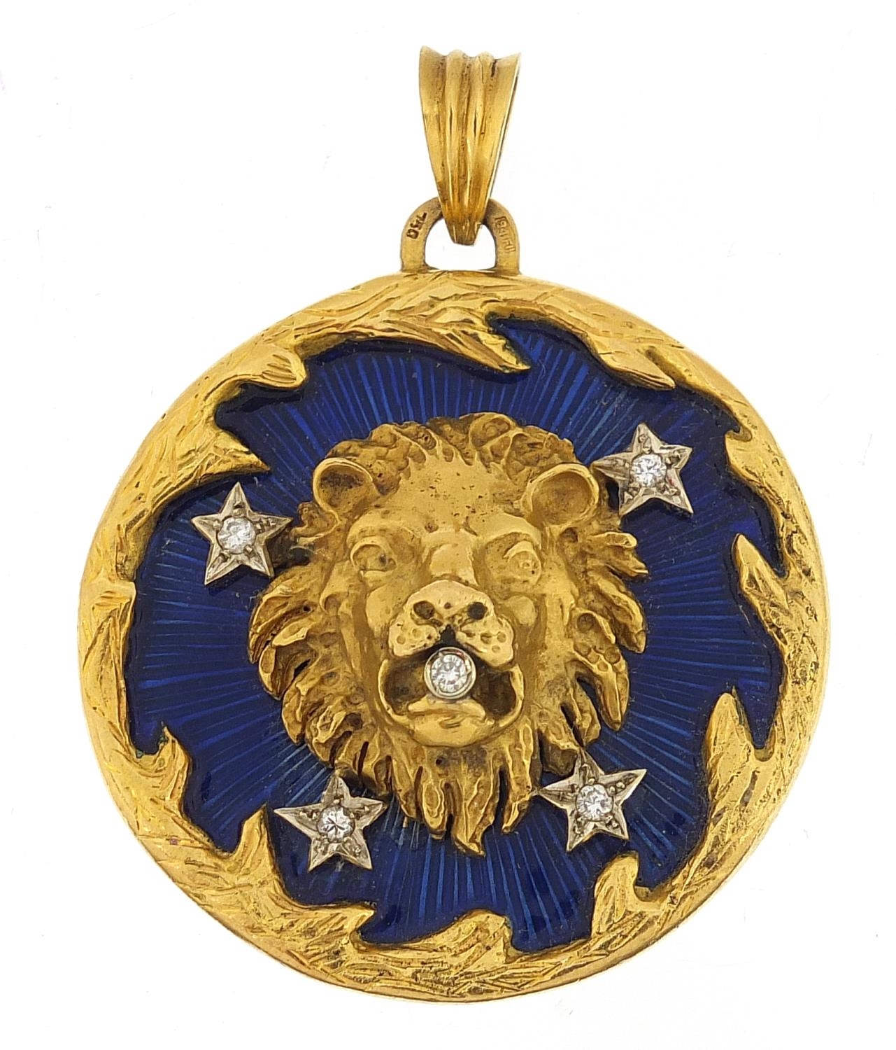 Franconeri, Italian 18ct gold and blue enamel lion head pendant set with five diamonds, 5cm in