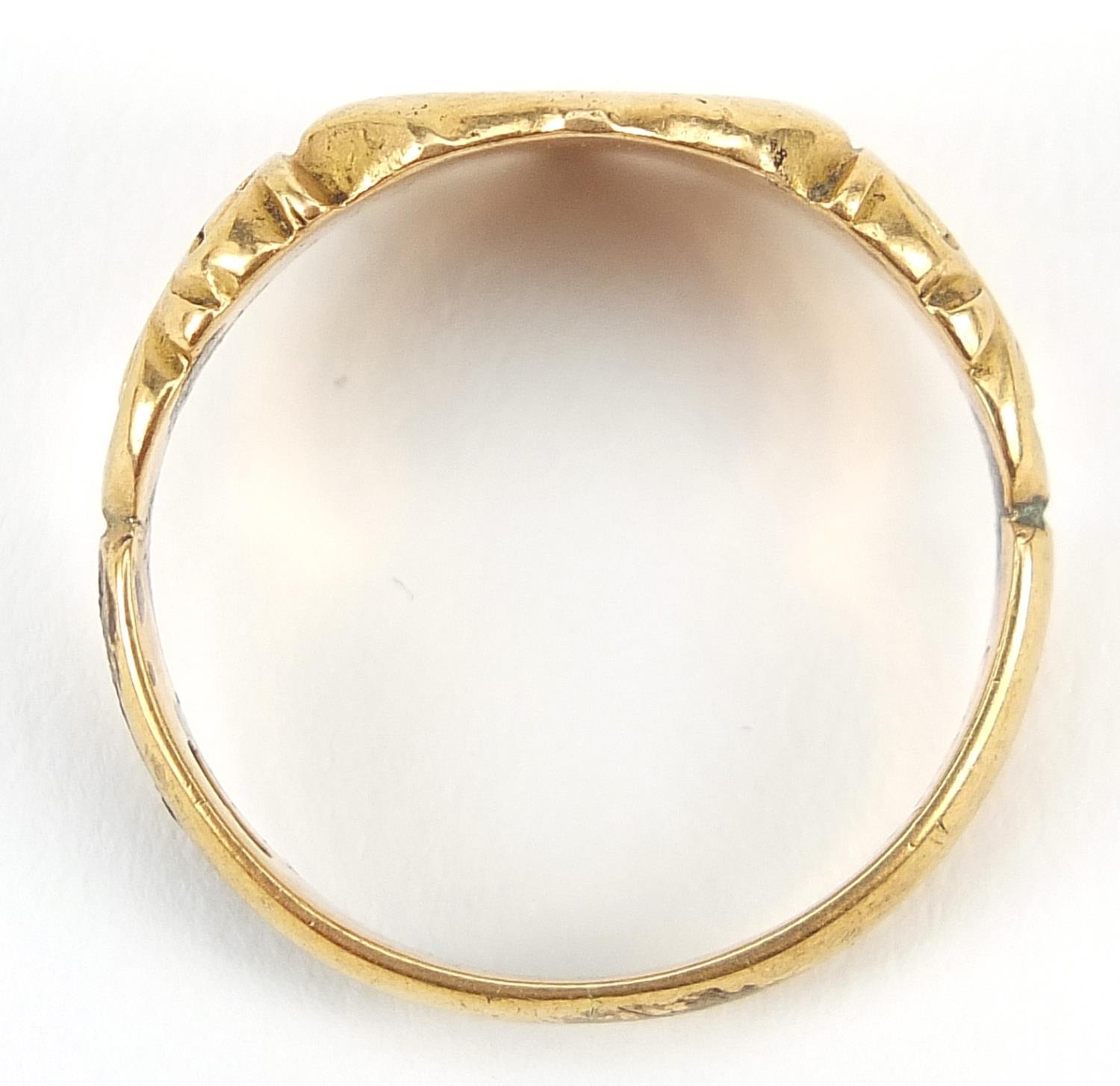 George V 18ct gold shield shaped signet ring with scrolled shoulders, Birmingham 1916, size V, 9. - Image 4 of 6