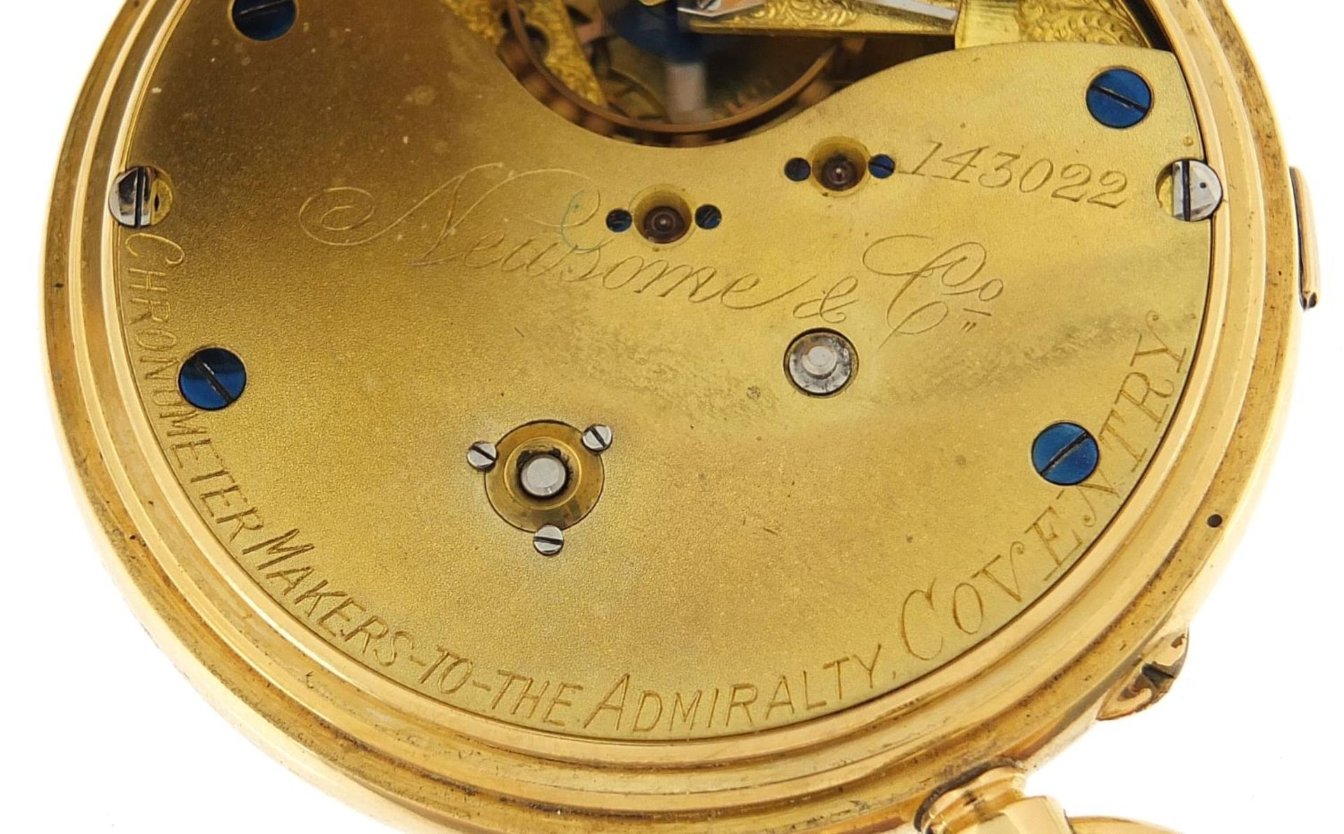 Newsome & Co Coventry, gentlemen's 18ct gold open face chronograph pocket watch with enamelled dial, - Image 3 of 5