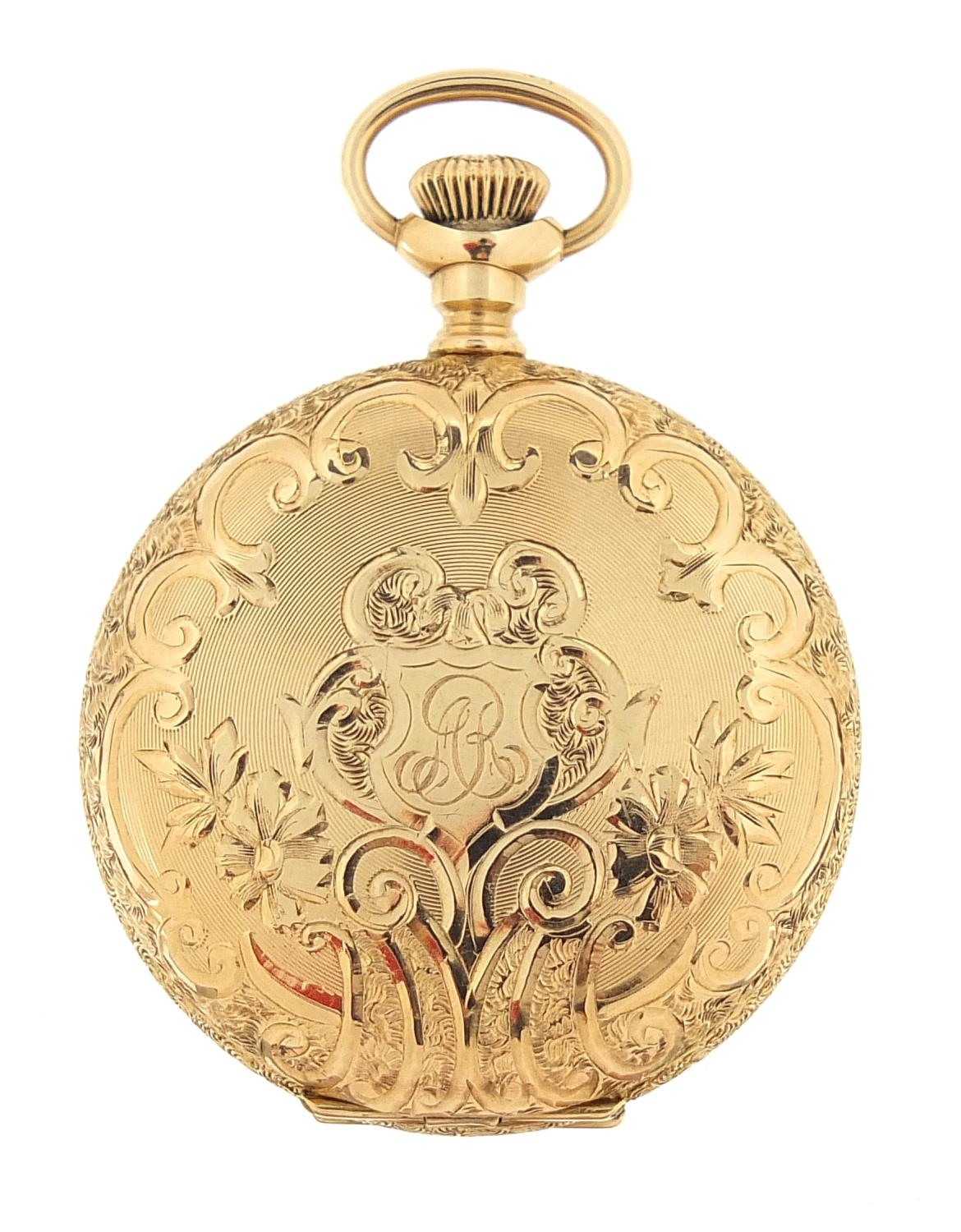 Elgin, ladies 14ct gold full hunter pocket watch with enamel dial and embossed decoration, 34mm in - Image 3 of 7