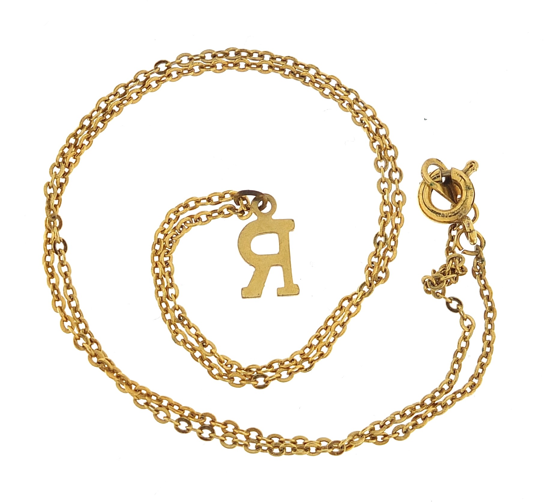 Gold coloured metal initial R pendant on a gold coloured metal necklace, 38cm in length, 1.7g - this - Image 3 of 3