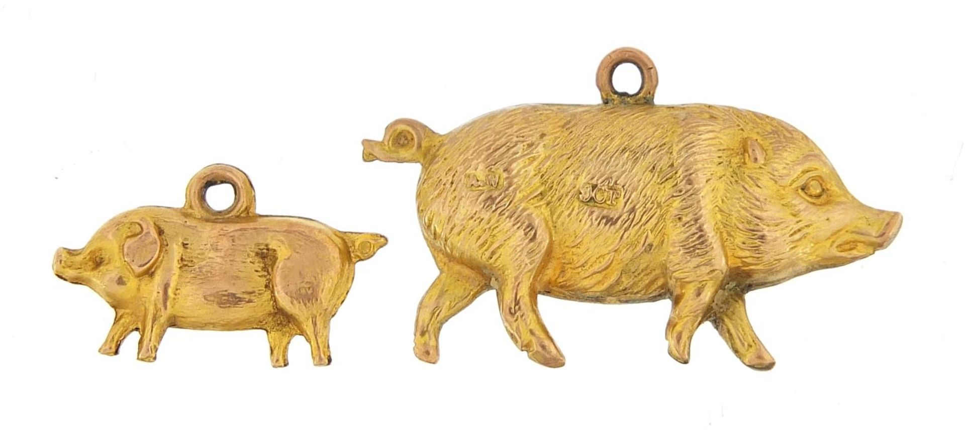 Two 9ct gold pig and boar charms, the largest 3cm in length, total 2.2g - this lot is sold without - Image 2 of 3