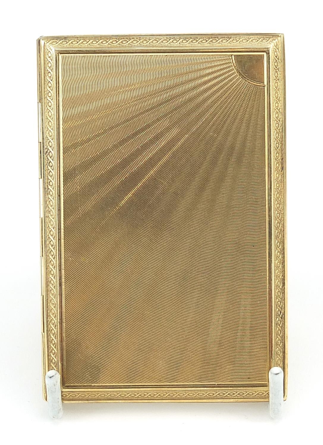 J Rose & Son, Art Deco 9ct gold engine turned cigarette case, London 1927, 8.3cm x 5.5cm, 81.6g -