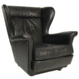 HOWARD KEITH - A RETRO VINTAGE 1950S MID CENTURY BLACK LEATHER WINGBACK ARMCHAIR