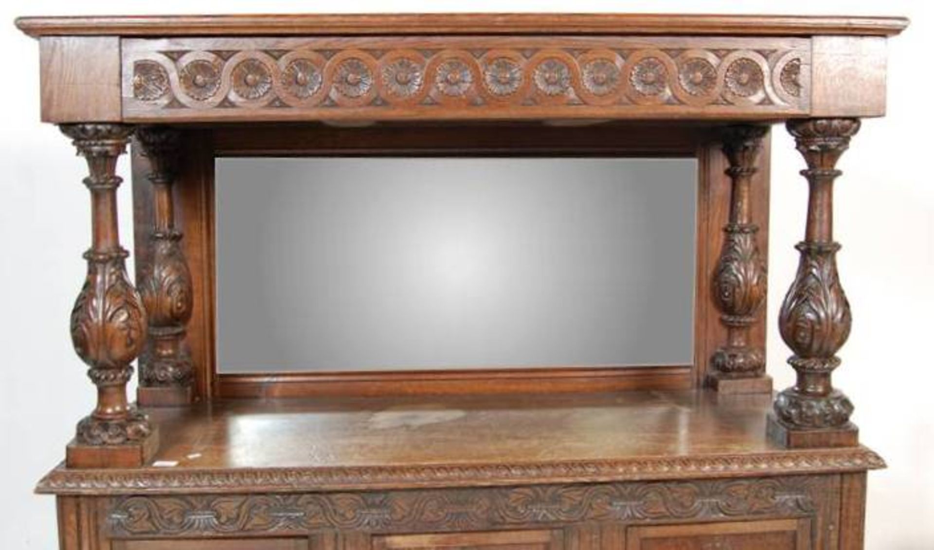 LATE VICTORIAN EARLY 20TH CENTURY MIRROR BACK OAK COURT CUPBOARD - Image 4 of 10
