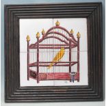 VINTAGE MID 20TH CENTURY TILE PAINTING OF A BIRD IN A CAGE
