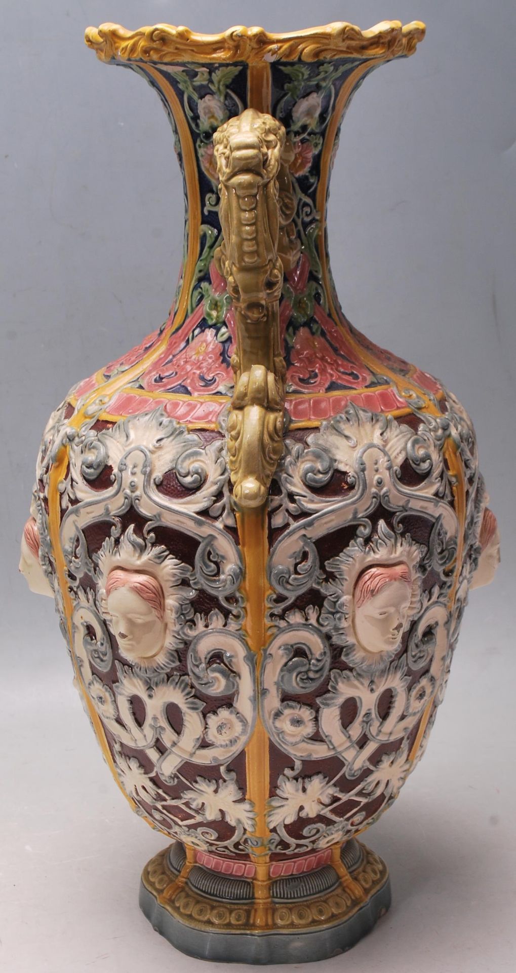 ANTIQUE COPELAND MAJOLICA TWIN HANDLED VASE - Image 5 of 8