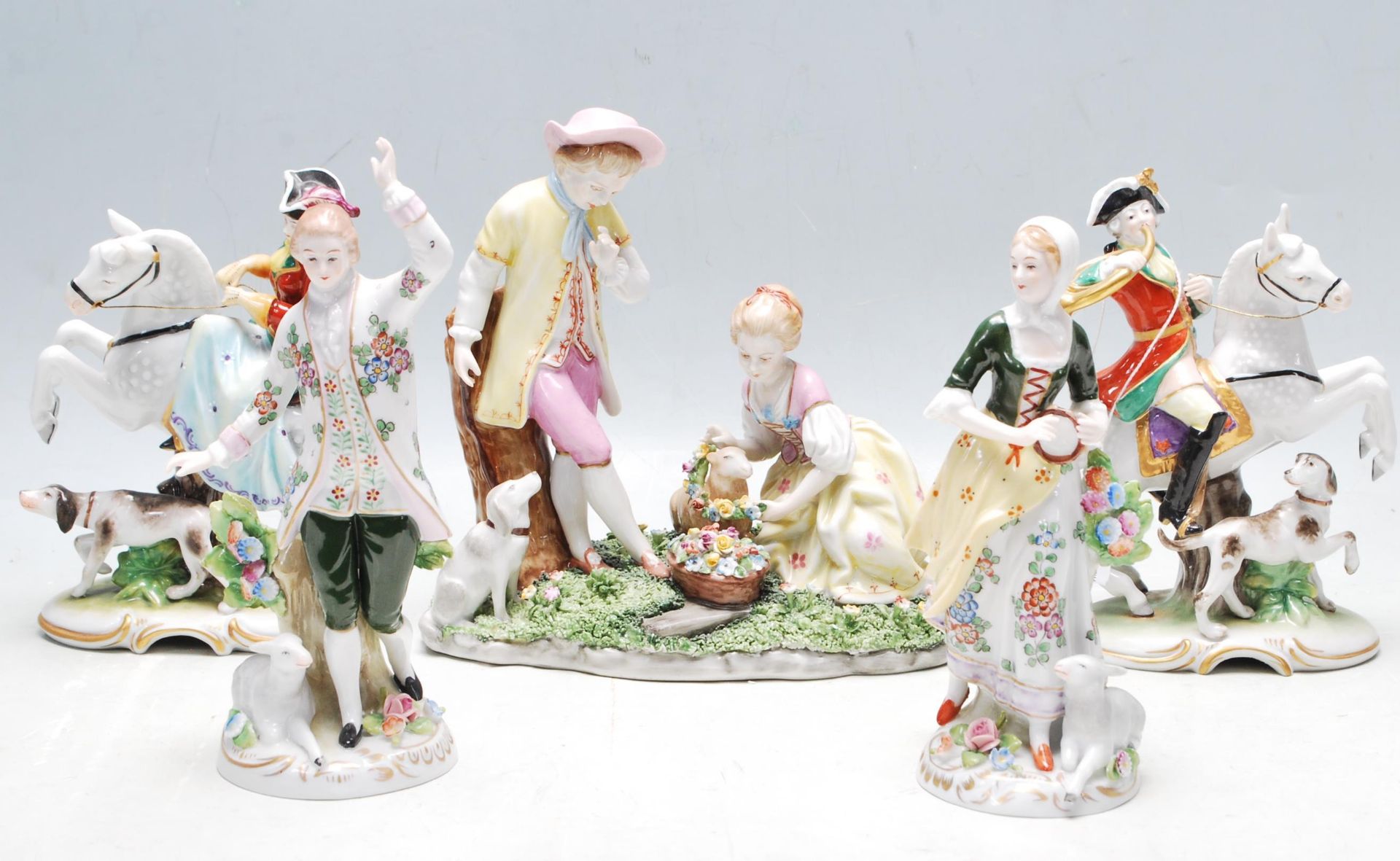 GROUP OF 19TH CENTURY AND LATER DRESDEN STYLE CERAMIC PORCELAIN FIGURINES