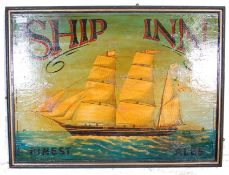 20TH CENTURY ANTIQUE STYLE WOODEN SHOP ADVERTISING SIGN FOR SHIP INN - FINEST ALES