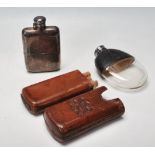 SILVER PLATED HIP FLASKS & LEATHER CIGAR HOLDER