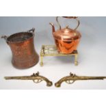 EARLY 20TH CENTURY ARTS AND CRAST COPPER BUCKET, COPPER KETTLE AND BRASS TRIVET