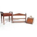 COLLECTION OF ANTIQUE MAHOGANY COMPRISING OF SHELVES, PIANO SEAT & COAL SCUTTLE