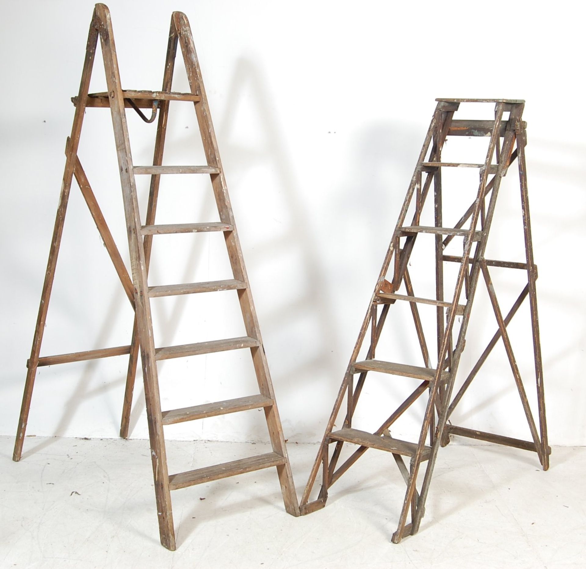 TWO VINTAGE LATE 20TH CENTURY A FRAME WOODEN LADDERS - Image 4 of 5