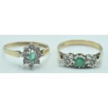 9CT GOLD EMERALD & DIAMOND 3 STONE RING & ANOTHER