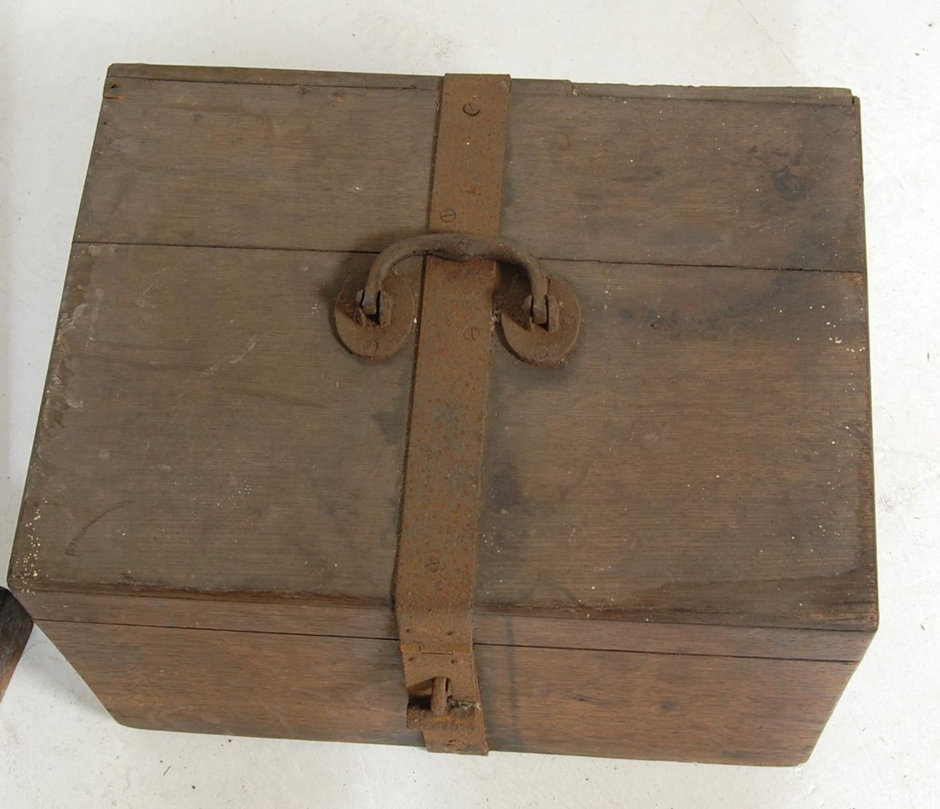 A 19TH CENTURY VICTORIAN OAK BLANKET CHEST AND SMALL WOODEN AND IRON STRONGBOX - Image 4 of 6