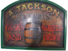 A. JACKSON COOPER - WOODEN ADVERTISING SHOP SIGN FOR CASKS AND A BARRELS MAKER
