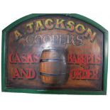 A. JACKSON COOPER - WOODEN ADVERTISING SHOP SIGN FOR CASKS AND A BARRELS MAKER