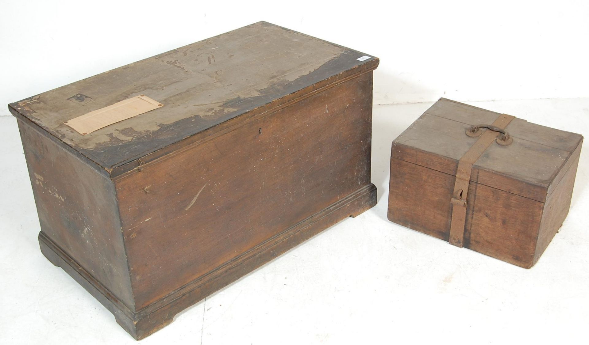 A 19TH CENTURY VICTORIAN OAK BLANKET CHEST AND SMALL WOODEN AND IRON STRONGBOX - Image 2 of 6